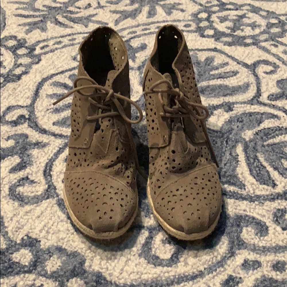 TOMS tan suede eyelet wedge bootie